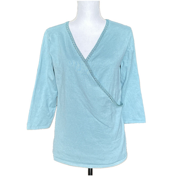 J. Jill Tops - J. Jill Mock sz M Wrap Knit Silk Blend Crochet Trim Sweater Turquoise